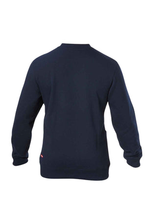 The Hard Yakka Plain Fleece Crew sweatshirt in navy is shown from the back, featuring long sleeves and a classic crew neckline. A small red tag decorates the left bottom hem, while discreet utility pockets enhance its sleek design.