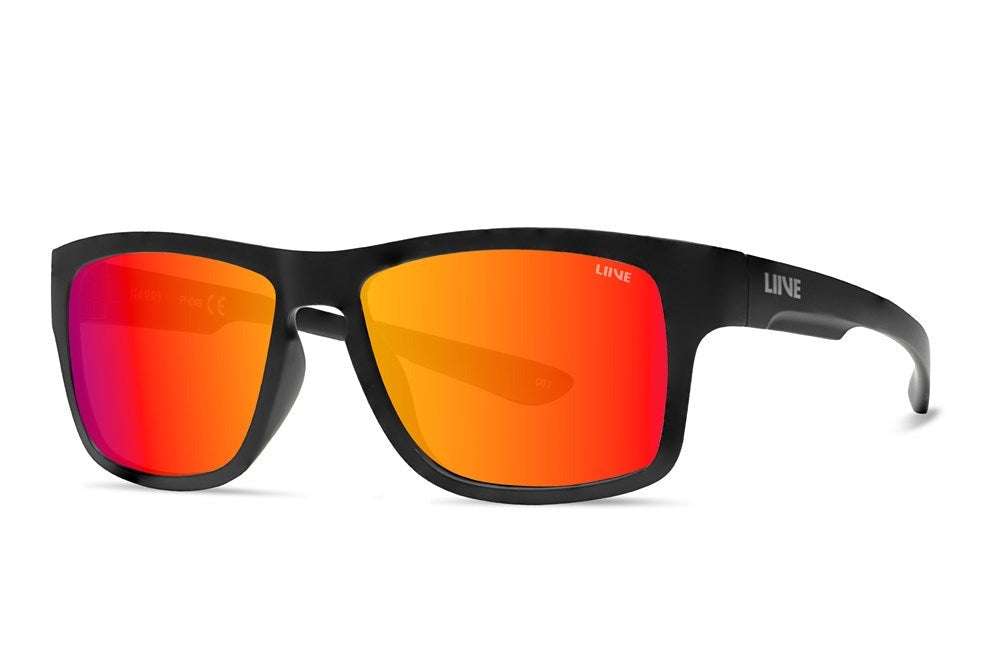 Liive Harry Mirror Sunglasses feature a polycarbonate black frame with reflective orange-red lenses for UV protection. "LINE" adorns the right temple, offering a sleek, modern design.