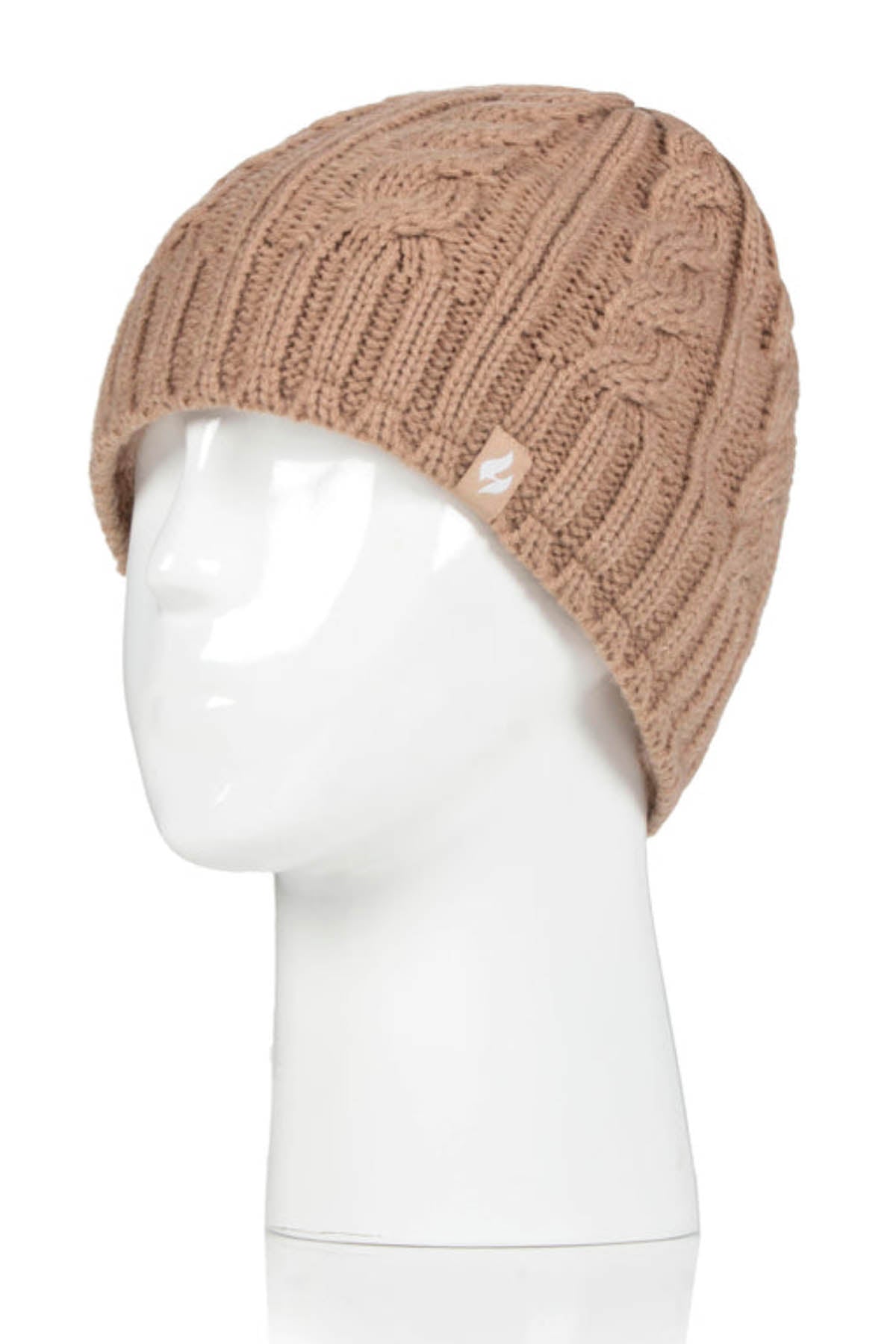 A mannequin head displays the Heat Holders Alesund Ladies Thermal Beanie, a beige knit cap featuring a cozy cable knit pattern. Lined with HeatWeaver plush, this beanie ensures exceptional warmth and comfort. It fits snugly around the head, enhancing its simple yet inviting appearance. The white mannequin, devoid of distinct facial features, stands against a plain white background.