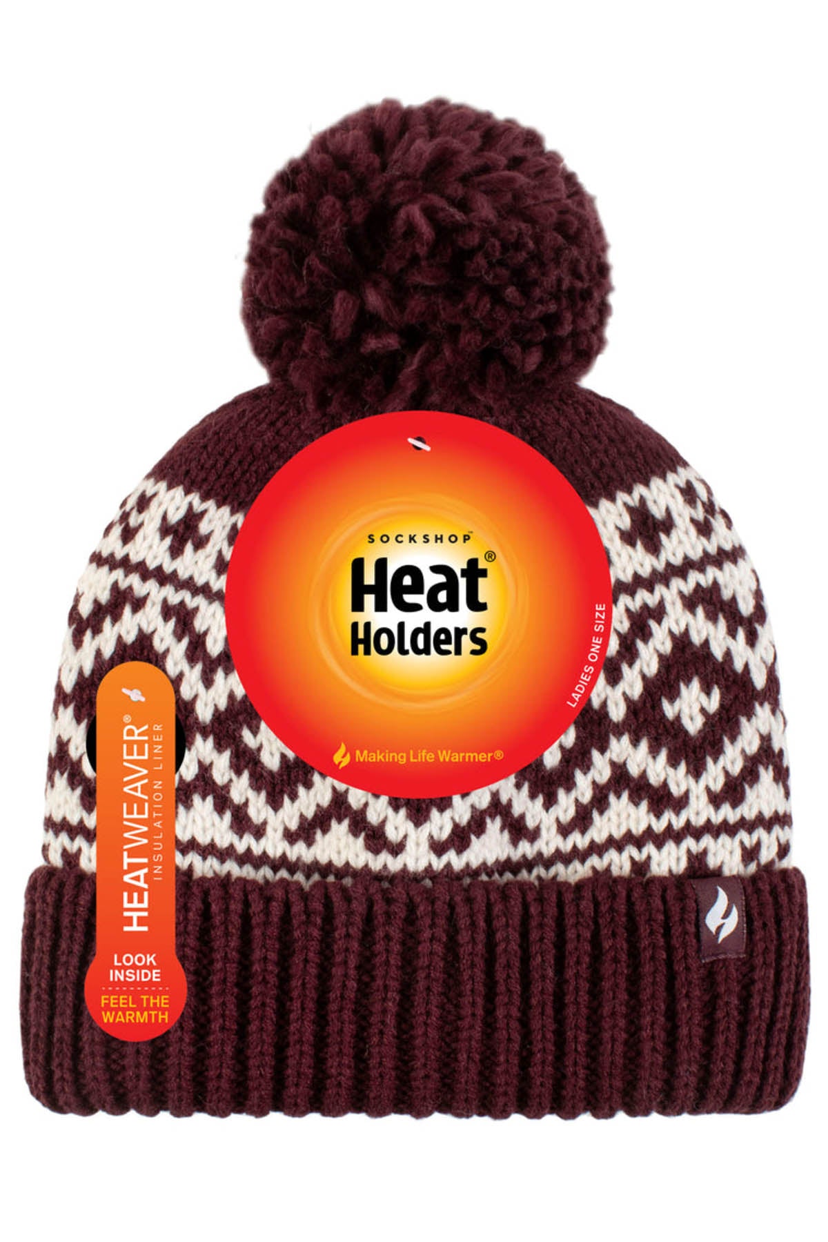 The Heat Holders Aspen Pom Pom Turn Over Ladies Thermal Beanie is a maroon and white knitted hat adorned with a pom-pom and features a central Heat Holders label. The beanie displays a stylish snowflake pattern along with a "Heat Weaver" tag on the left side, emphasizing its superior warmth and insulation properties.