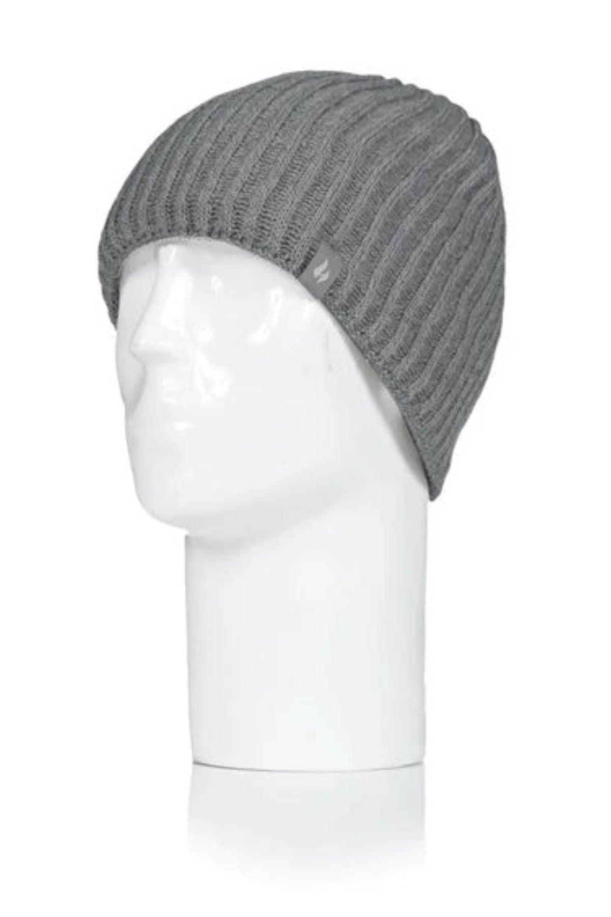 The Heat Holders Halden Men's Thermal Beanie in gray ribbed knit is showcased on a white mannequin head against a plain white background. This fitted beanie covers the ears and includes a HeatWeaver thermal lining for extra warmth.