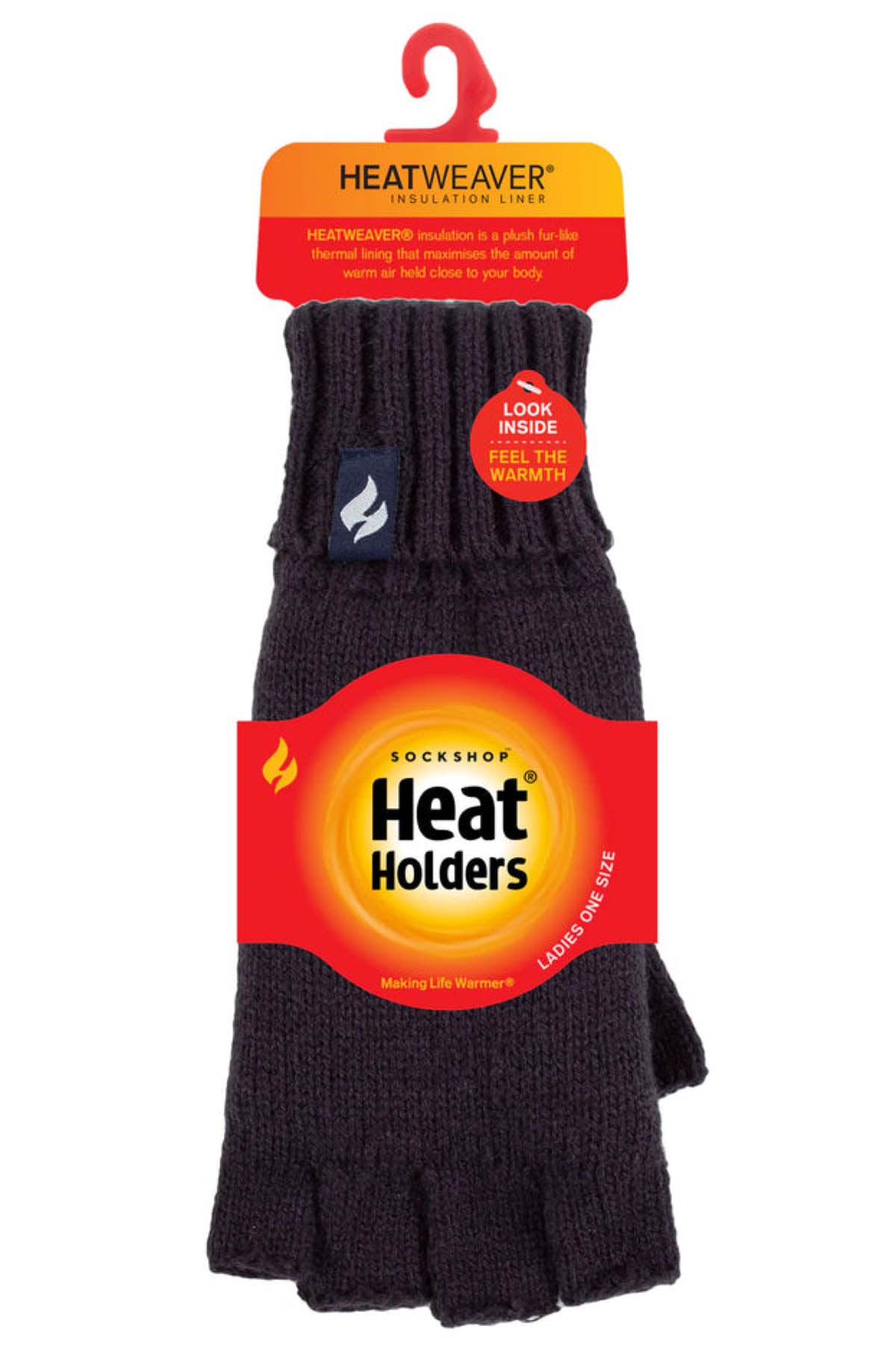 The Heat Holders Ladies Fingerless Thermal Gloves are showcased in packaging labeled "Heat Holders," highlighting their "HeatWeaver" thermal lining. An orange tag says, "Look Inside Feel the Warmth." Perfect for outdoor activities, these black gloves come in one size.