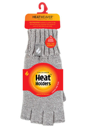 A pair of Heat Holders Ladies Fingerless Thermal Gloves showcased in gray, packaged in red and yellow wrapping labeled "Heat Holders" against a white background. These gloves feature a HeatWeaver insulation liner that ensures warmth and comfort. The packaging highlights the tagline "Making Life Warmer" along with detailed product information.