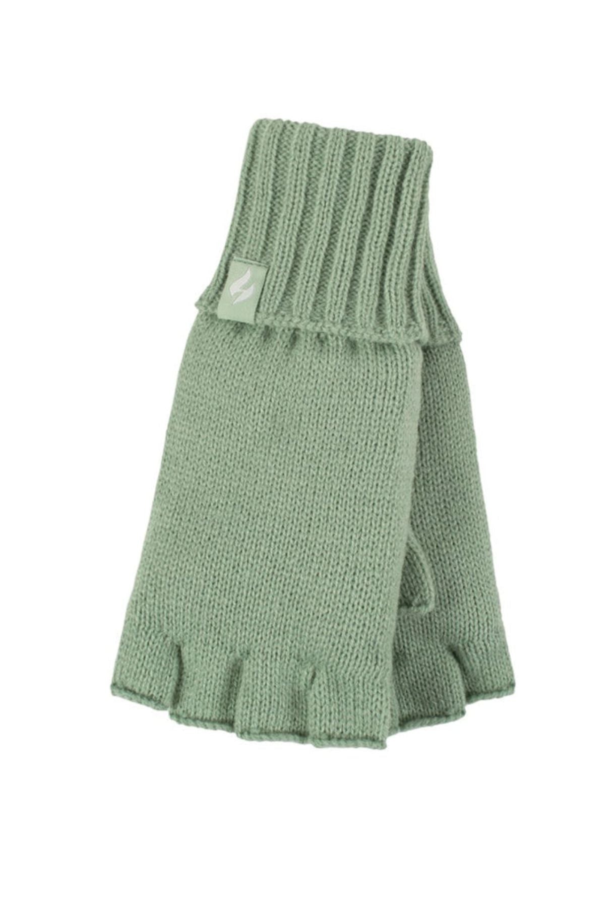 Heat Holders Ladies Fingerless Thermal Gloves in light green feature a knitted design, ribbed cuffs, and a small fabric tag for cozy style and warmth.