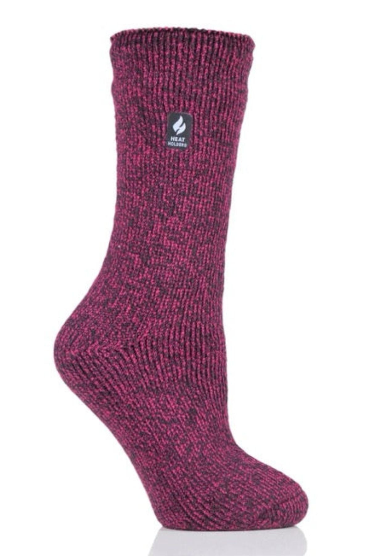 A single Heat Holders Ladies Original Thermal Heat Sock in maroon and black speckles stands upright against a white background, showing a small black label with a flame icon and "HEAT" on the side.