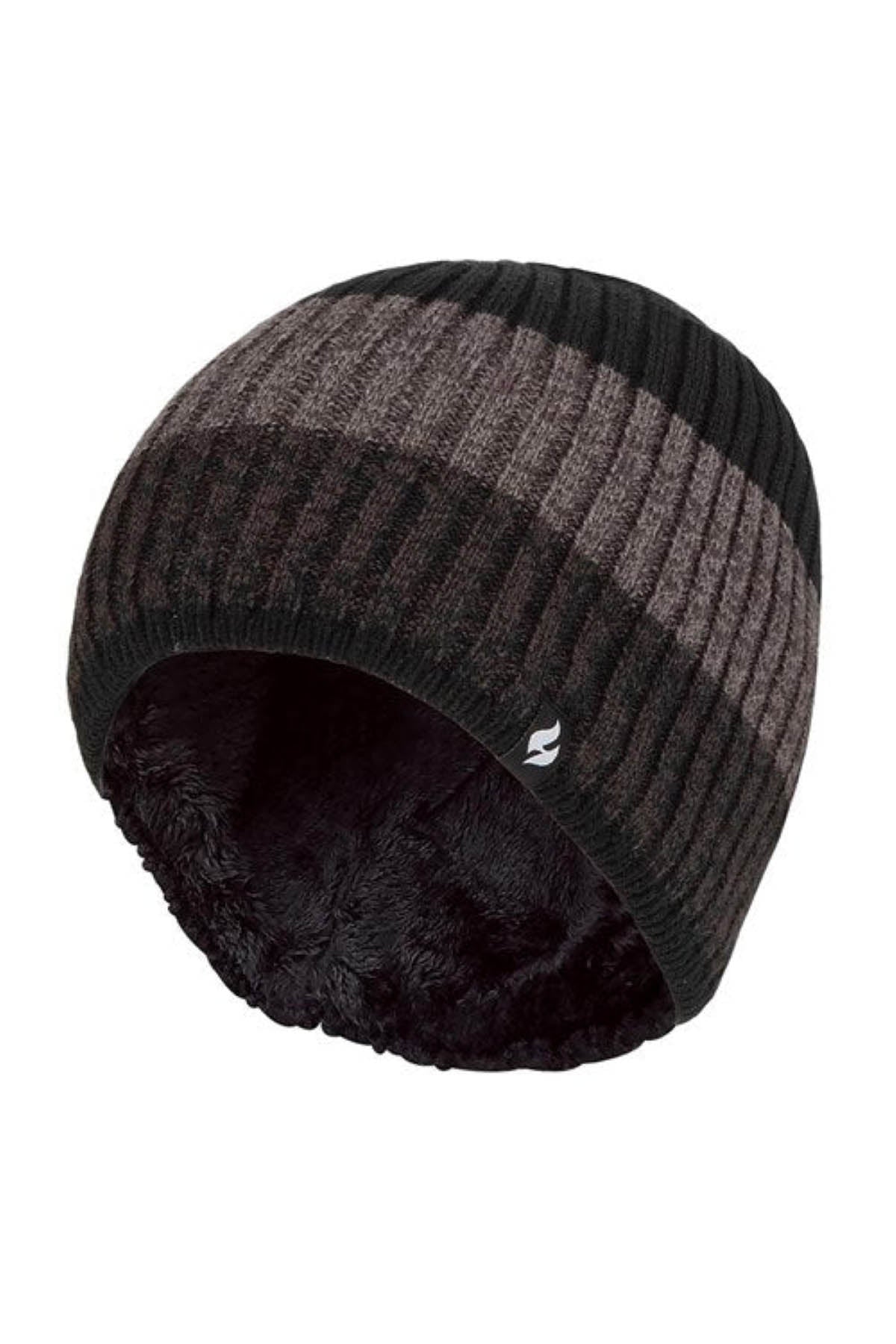 The Heat Holders Linden Block Stripe Mens Thermal Beanie features a black and dark grey ribbed knit design with a plush, HeatWeaver thermal lining inside. Its gradient pattern transitions from black at the top to dark grey at the bottom, making it an ideal addition to your winter wardrobe.