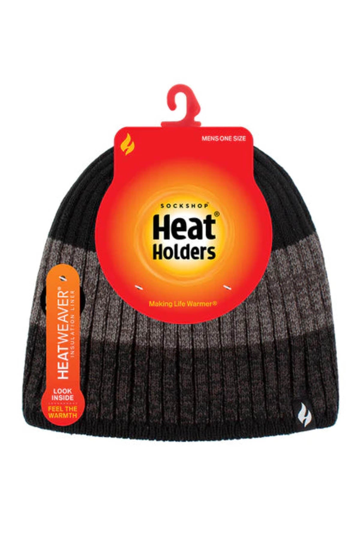 Introducing the Heat Holders Linden Block Stripe Men's Thermal Beanie by SockShop, a stylish black and gray ribbed beanie that complements any winter outfit. Featuring a bright orange-red circular tag with the logo and the phrase "Making Life Warmer," this thermal beanie boasts "HeatWeaver" thermal lining for superior warmth. A distinctive flame icon is displayed on the lower right side of the tag, marking its exceptional heat-retaining capabilities.