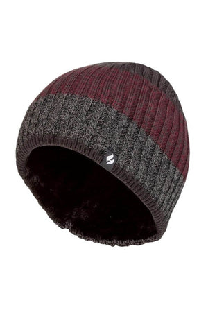 The Heat Holders Linden Block Stripe Men's Thermal Beanie features alternating horizontal stripes of dark gray and burgundy. Its interior is lined with HeatWeaver lining for extra warmth, making it an ideal thermal beanie for cold weather. A small black tag with a white logo is sewn onto the lower edge.