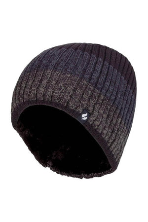 The Heat Holders Linden Block Stripe Men's Thermal Beanie is a dark ribbed knit beanie that showcases a subtle gradient, transitioning from light charcoal grey at the bottom to black at the top. It features a small black tag with a white logo on the side. Lined with HeatWeaver thermal lining, it provides exceptional warmth for cold weather.