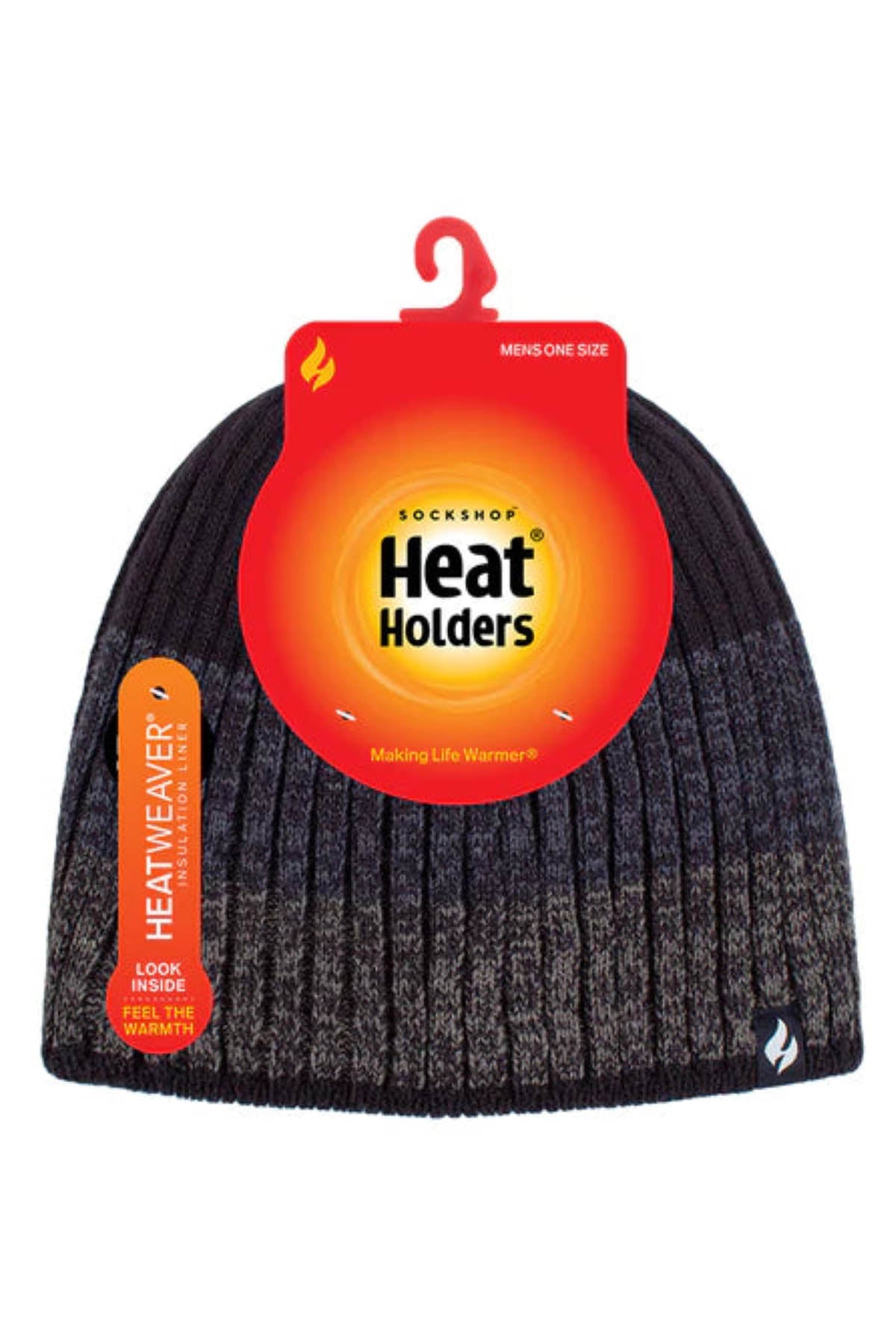 Image of a Heat Holders Linden Block Stripe Mens Thermal Beanie in black and gray, featuring a ribbed design and tagged with the "Heat Holders" label. The label highlights features such as "HeatWeaver Insulation" and suggests looking inside to feel the warmth. Perfect for cold weather, the text indicates it's a one-size men's hat.