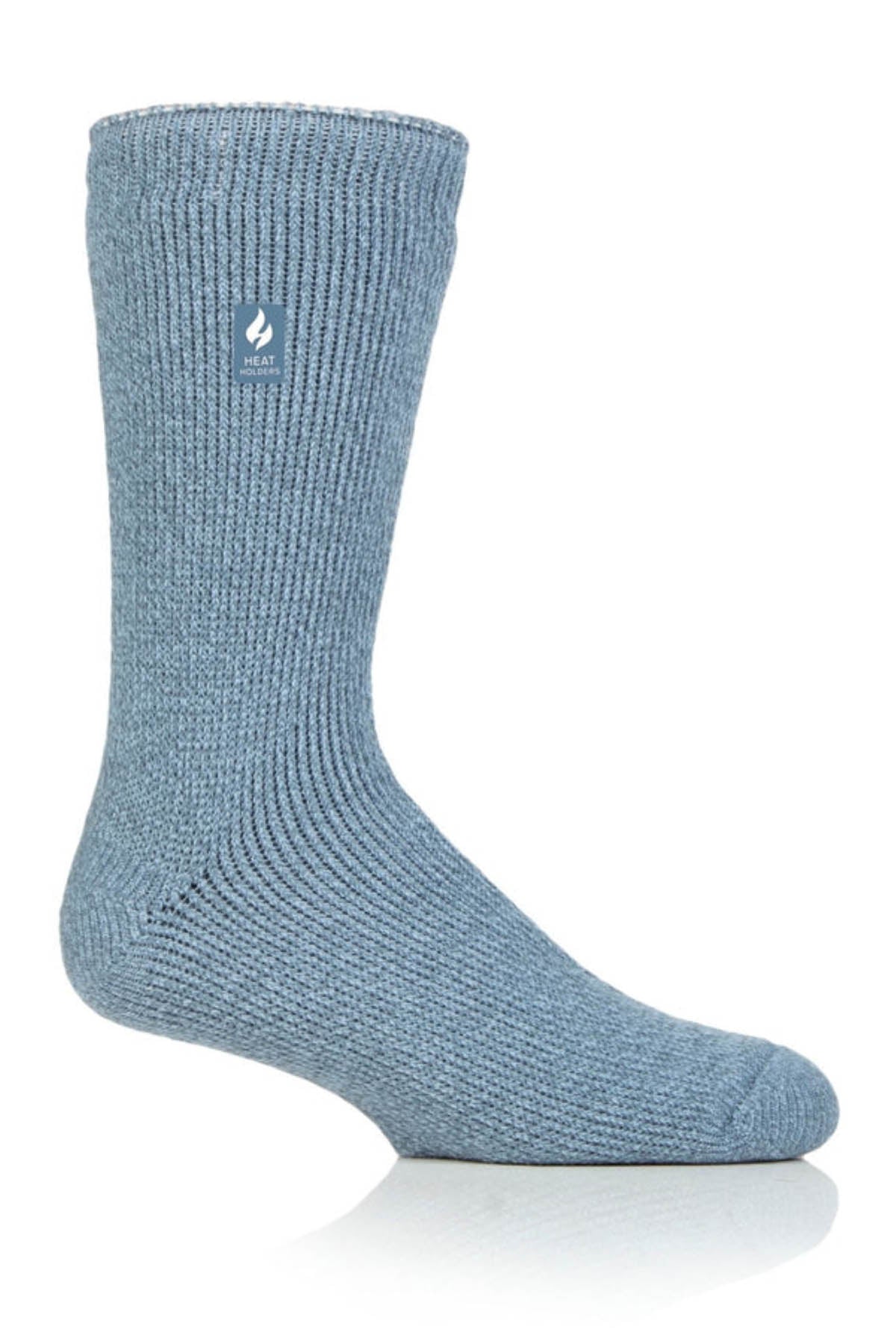 A solitary blue Heat Holders Mens Wool Sock with a ribbed texture stands upright on a white background. It includes a flame icon label, indicating it's part of the Heat Holders collection. This thick, cozy sock is designed to keep feet warm during outdoor activities.