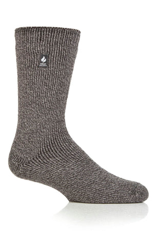 A single Heat Holders Mens Wool Sock in grey, ribbed and upright on a white background, with a small label featuring a leaf icon and text near the topβdesigned for outstanding warmth in outdoor activities.