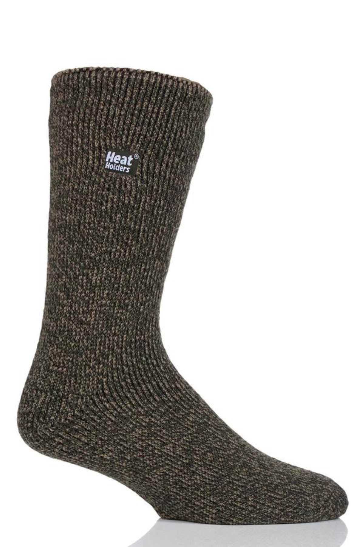 A single brown, ribbed Heat Holders Mens Wool Sock with logo near the top—ideal for outdoor use—is displayed upright on a white background.