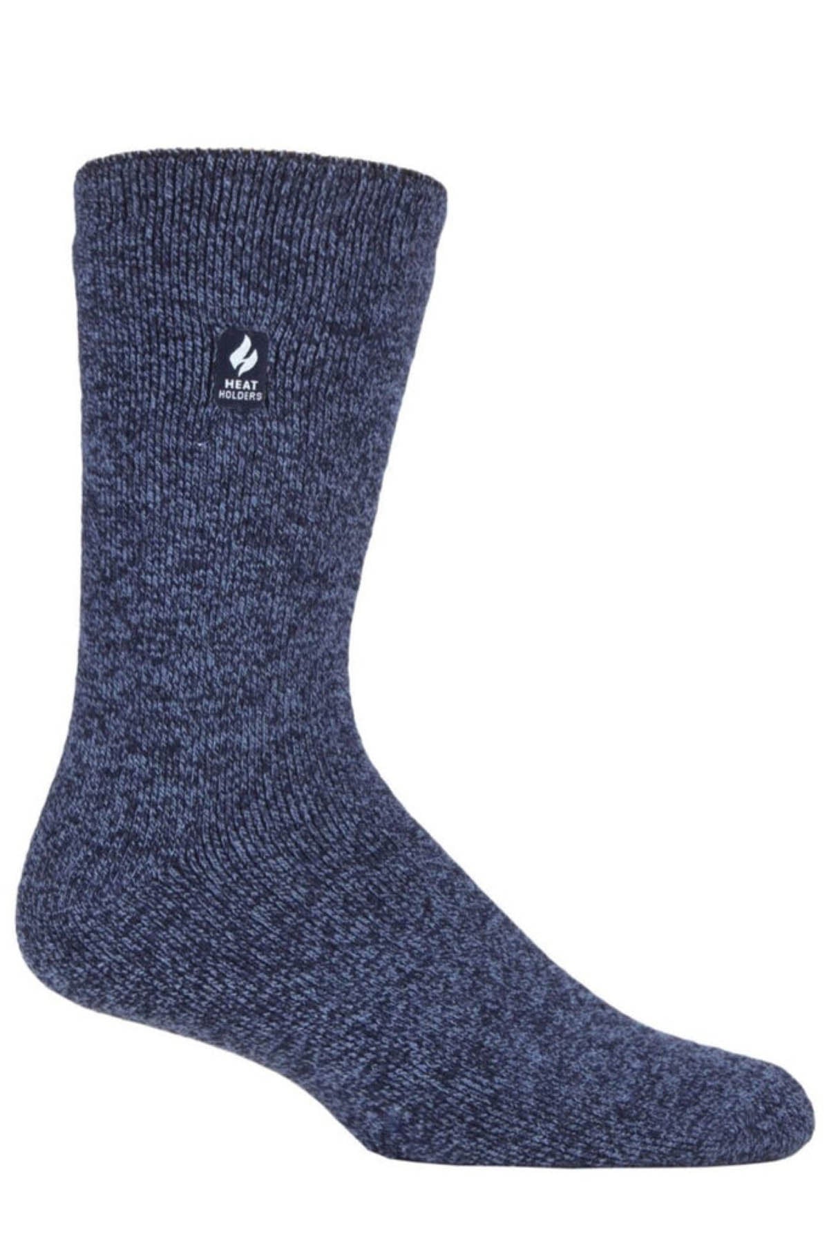A single Heat Holders Original Thermal Sock in blue heather, featuring a small white "heat holders" logo near the top. Designed to keep feet cozy and warm on chilly days. Displayed against a plain white background.