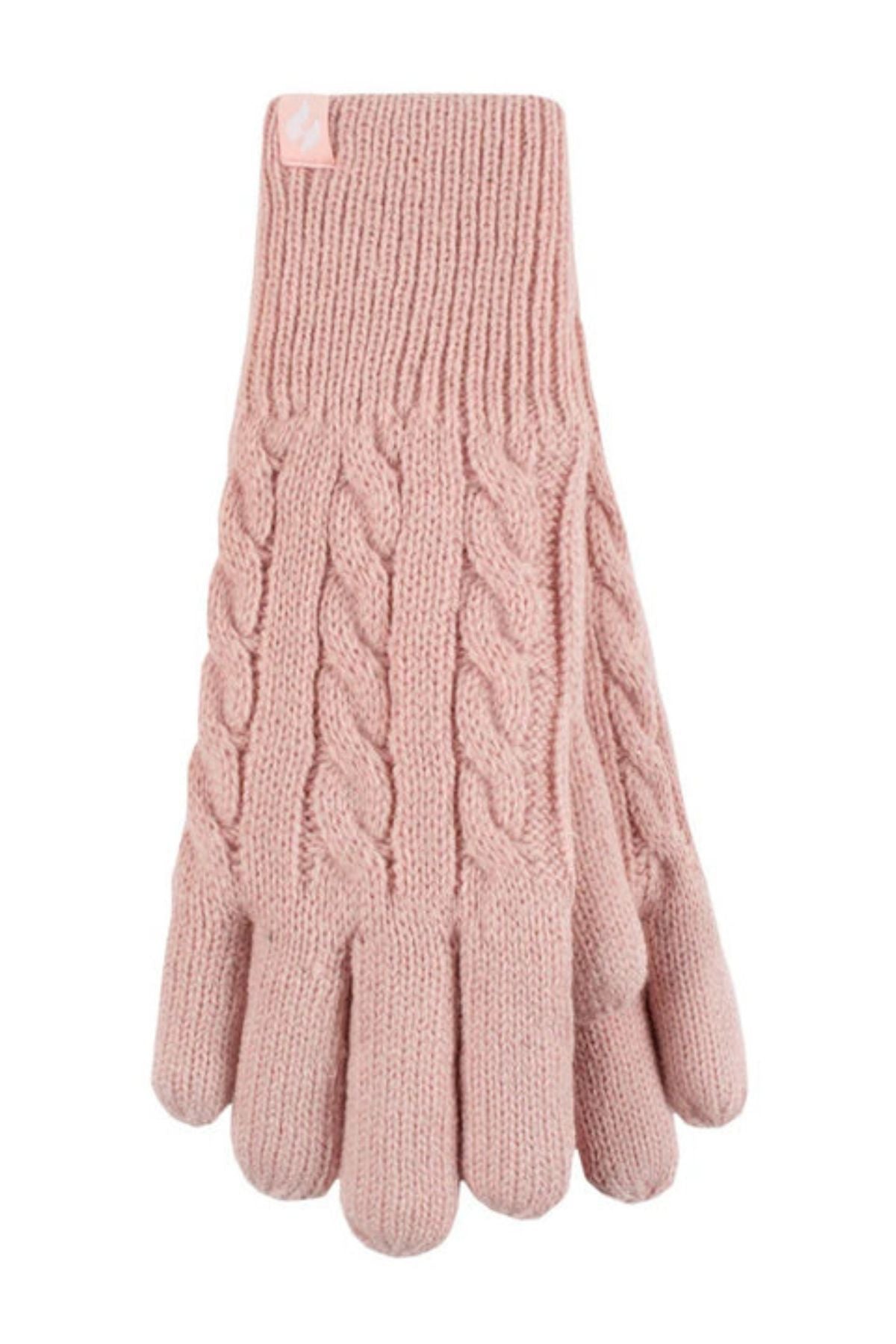 The Heat Holders Willow Ladies Thermal Gloves are light pink with a chunky cable knit pattern and ribbed cuffs, shown laid flat on a white background—perfect for extra warmth.