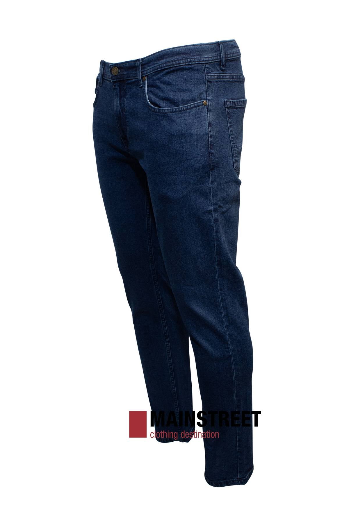Hechter Dallas Stretch Jean in dark blue, Regular Tapered fit, made of cotton and elastane, shown on an invisible mannequin angled to reveal the front and left side. "MAINSTREET clothing destination" logo appears at the bottom.