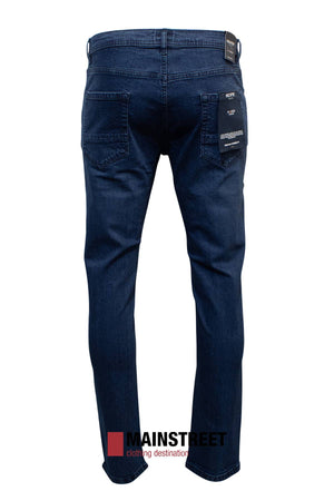 Back view of Hechter Dallas Stretch Jean in dark blue denim with visible stitching and branded back pocket tags. Crafted from cotton and elastane, these jeans offer a regular tapered fit. Shown on a white background with the MAINSTREET logo.