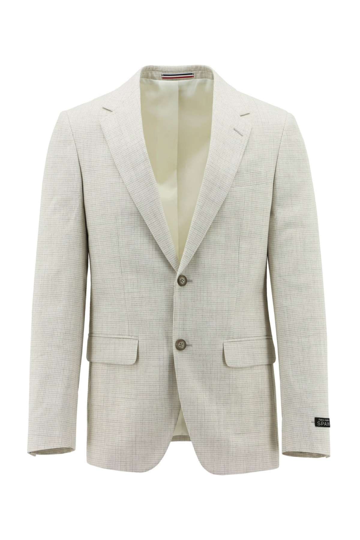 The Hechter Lazio Cotton Blend Sports Jacket is a men's blazer in light beige, designed with a subtle texture. It features two buttons, a notched lapel, and two front pockets, all crafted into a slim fit silhouette and elegantly showcased against a white background.