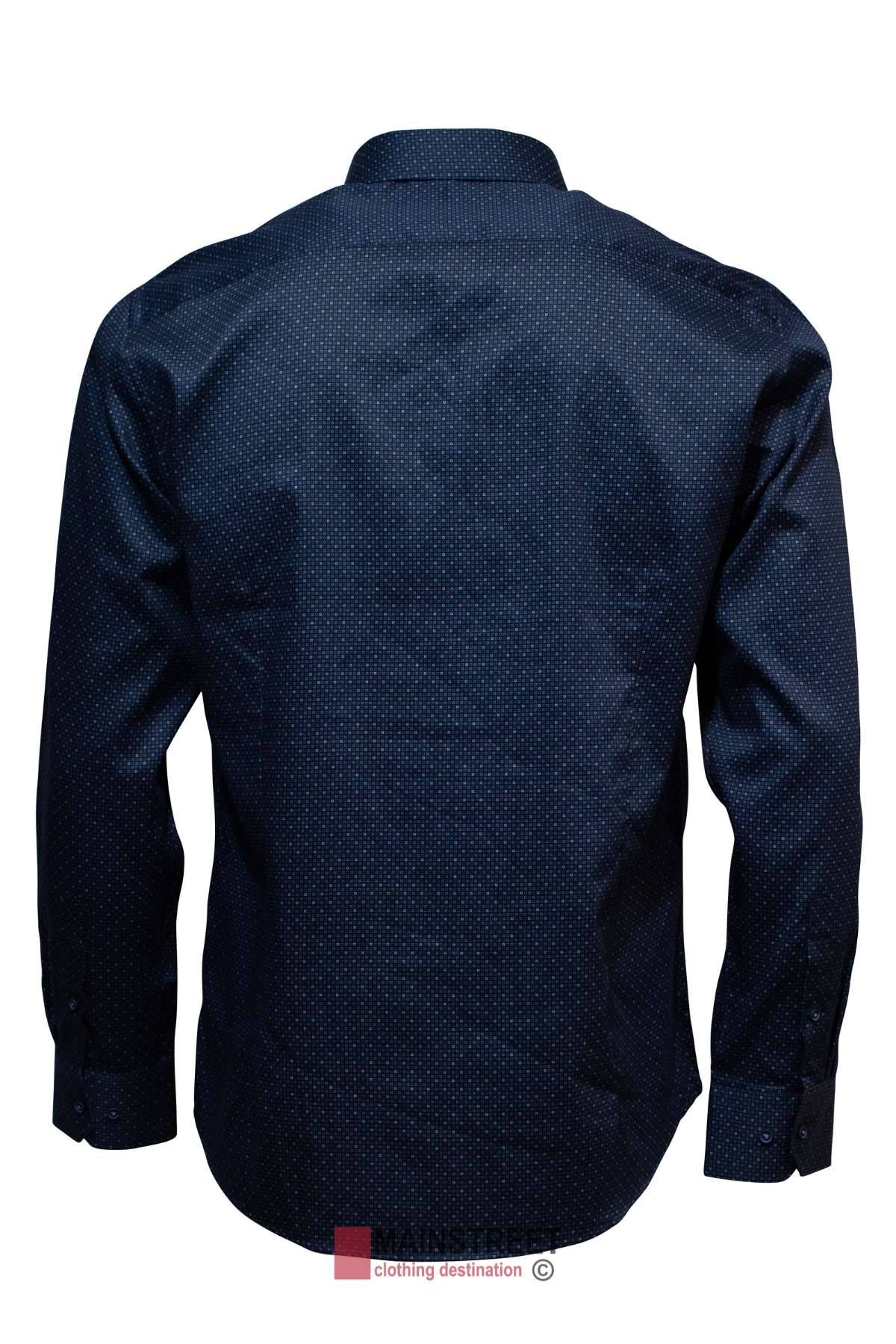 Rear perspective of the Boston Sel Square Tile Print Shirt, featuring a dark blue color and slim fit with long sleeves. The shirt has a subtle dotted pattern and is crafted from 100% cotton, elegantly showcasing its versatile classic design suitable for both formal and casual occasions.