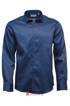 The Boston Sel Square Tile Print Shirt features a slim-fit style, made entirely from 100% cotton. This dark blue button-up is adorned with a delicate dotted pattern, showcasing long sleeves and a folded collar against a white backdrop.