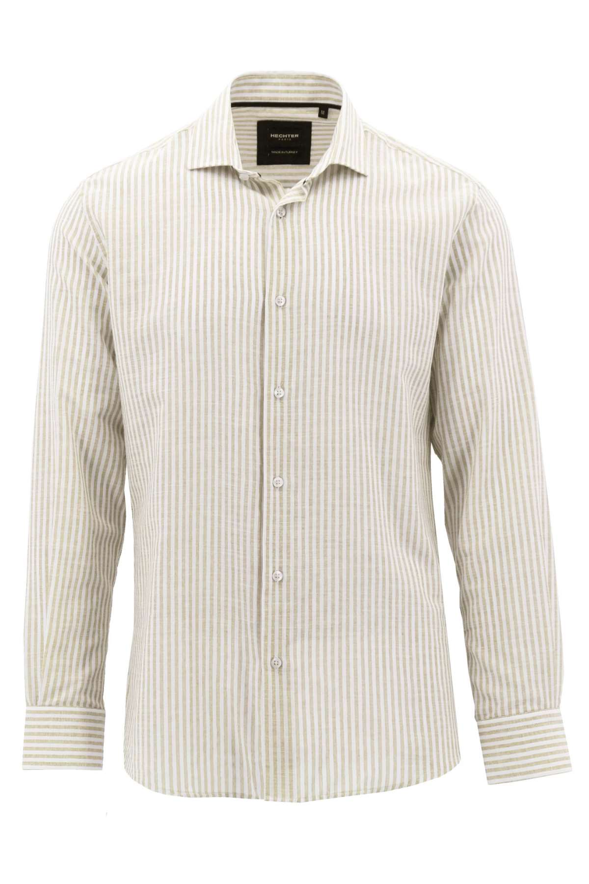 Introducing the Hechter Sel Cotton Striped Shirt: a slim fit, long-sleeved, button-up dress shirt with a subtle vertical beige and white stripe pattern. Crafted from 100% cotton, it features a collar and white buttons down the front and on the cuffs for a refined look.