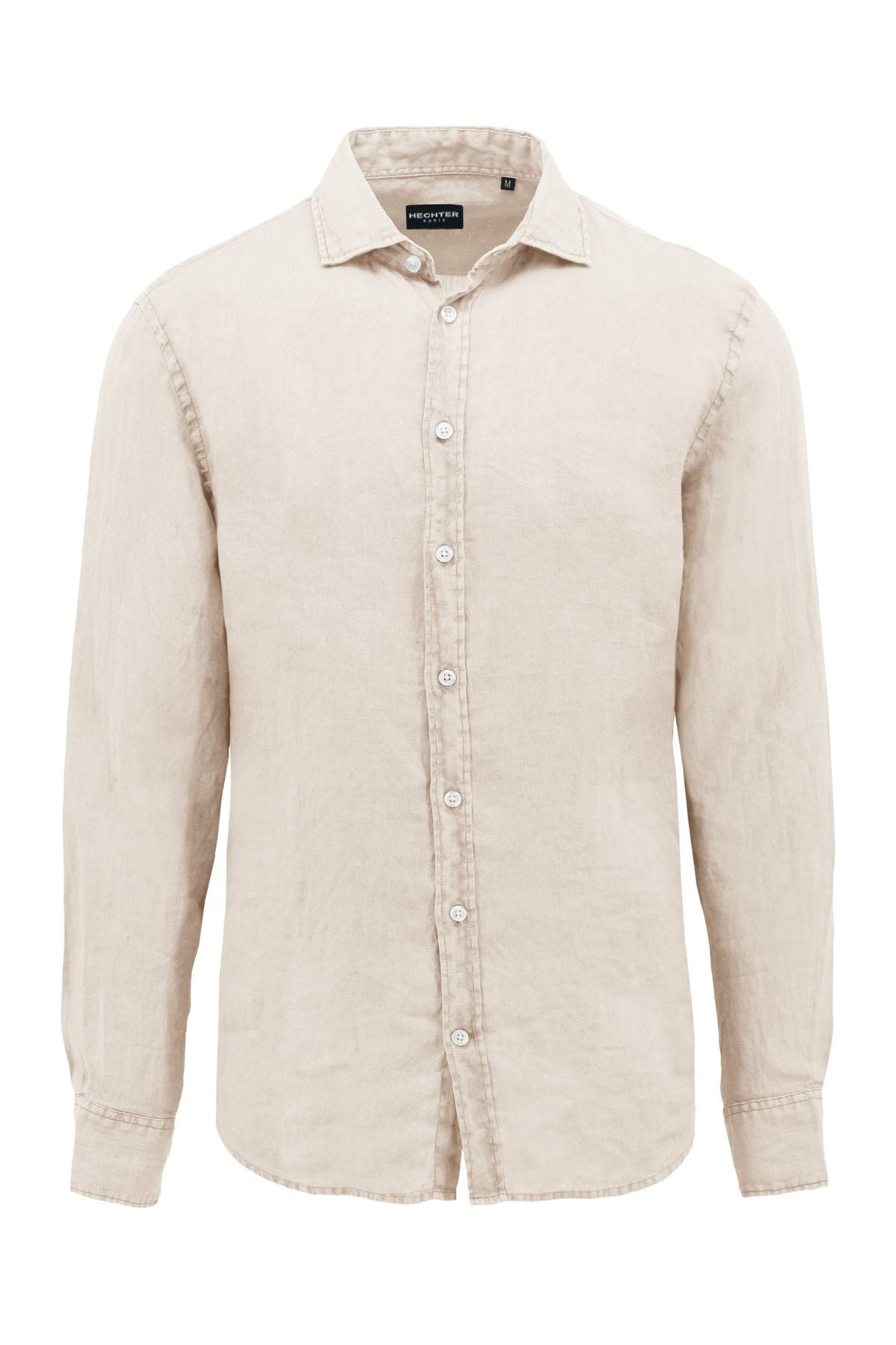 The Hechter Sel Linen Shirt is a beige, long-sleeve, slim-fit shirt with a classic collar, crafted from lightweight linen and shown against a white background.