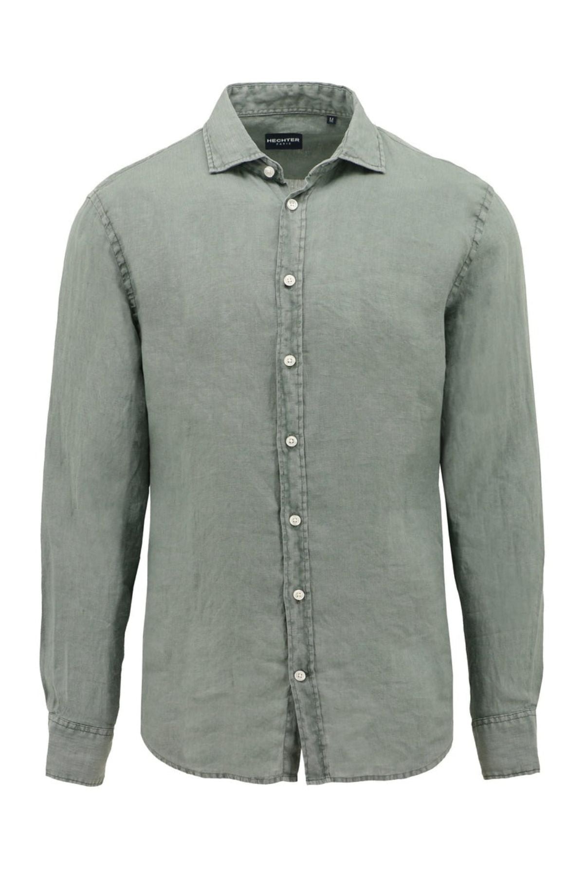 The Hechter Sel Linen Shirt is a long-sleeved, light green cotton-linen shirt with a collar and white buttons, shown on a plain white background.