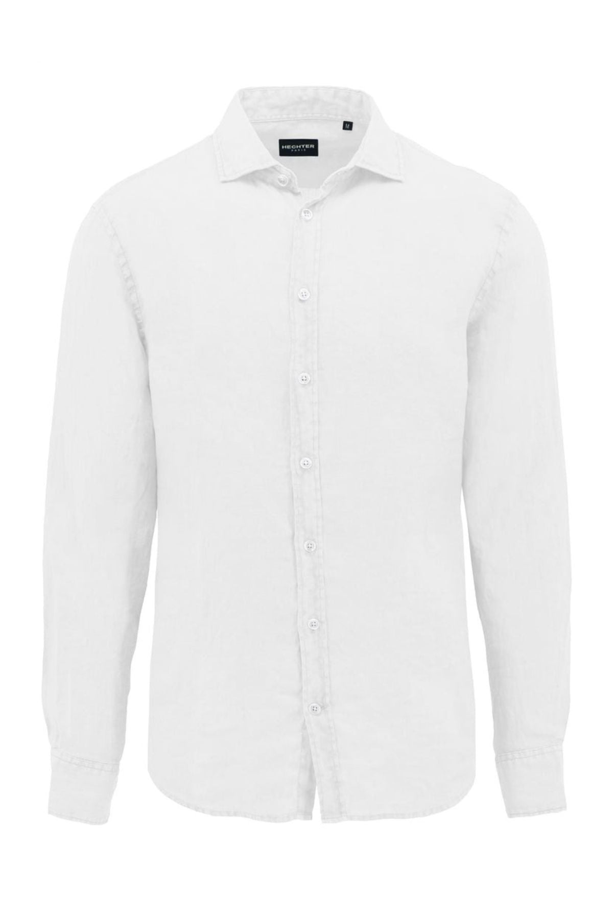 The Hechter Sel Linen Shirt is a slim-fit, long-sleeve button-up with a collar. Displayed on a white background, it offers a simple classic design, breathable linen fabric, front buttons, and a slightly curved hem.