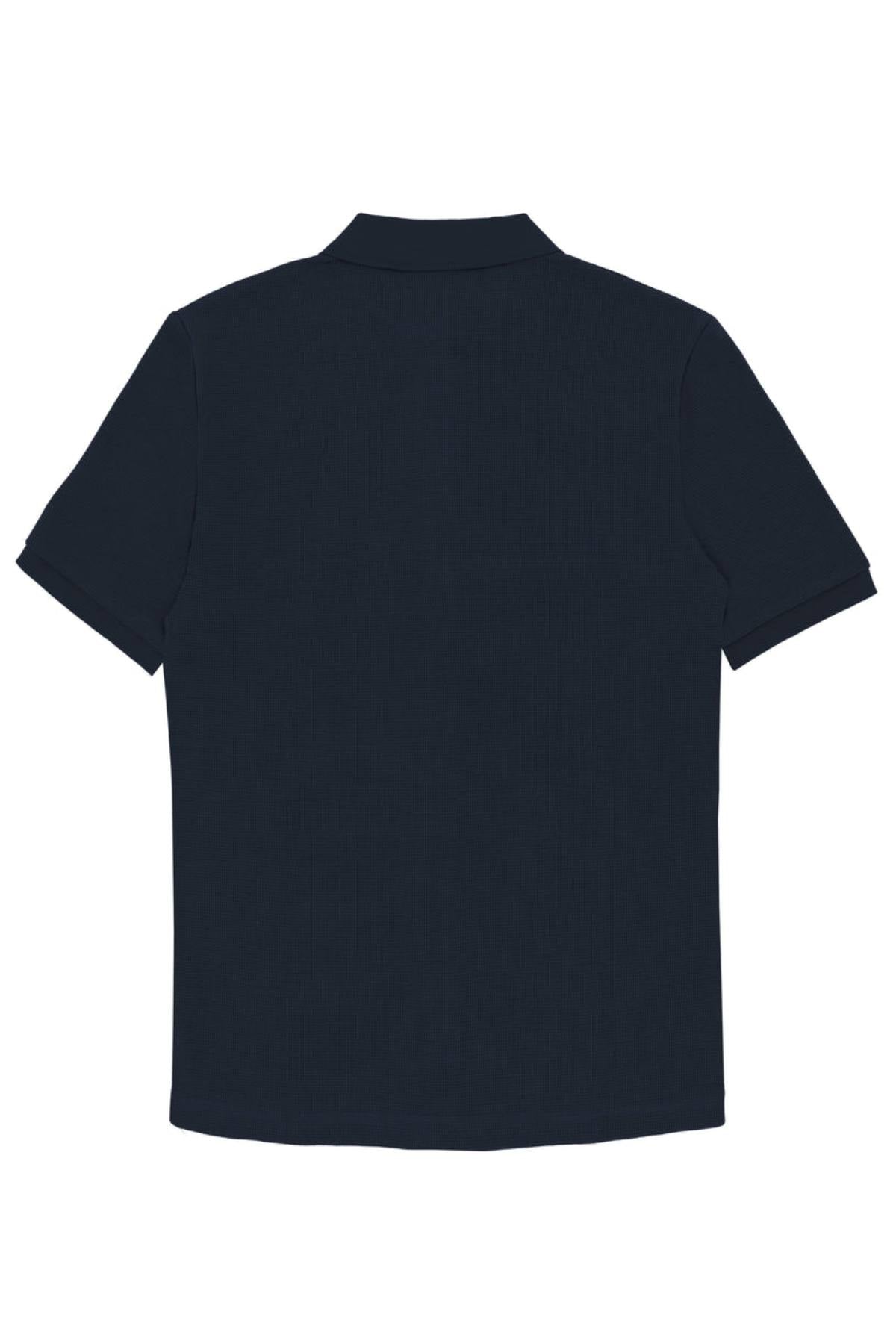 The Hechter Sheen Textured Cotton Blend Short Sleeve Shirt is shown from the back in dark navy blue. It features a classic collar, short sleeves, and a plain knit fabric with no visible logos or designs.