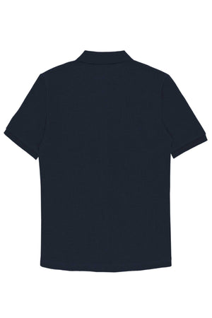 The Hechter Sheen Textured Cotton Blend Short Sleeve Shirt is shown from the back in dark navy blue. It features a classic collar, short sleeves, and a plain knit fabric with no visible logos or designs.