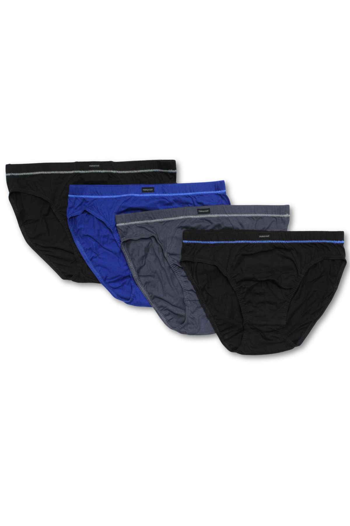 Four pairs of Holeproof Tunnel Brief 4PK men's cotton briefs in black, blue, and gray are arranged in an overlapping row, each with a durable fit and an elastic waistband featuring a small brand label.