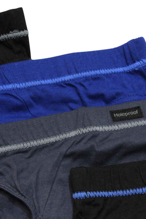 The Holeproof Tunnel Brief 4PK includes four pairs of men’s cotton briefs in black, blue, and gray with colored stitching and a visible "Holeproof" label for a durable fit.