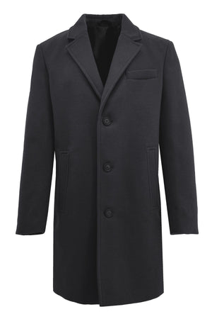 The Howard Hudson Overcoat is a black, knee-length coat featuring three buttons, two front pockets, a chest pocket, and a notched lapel collar in a modern fit, shown on a white background.