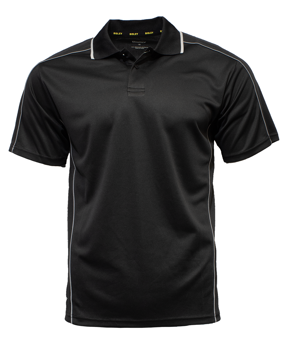 The Bisley Cool Mesh Polo is a black short-sleeved shirt made from 100% polyester mesh, featuring white stitching on the sleeves and collar, a buttoned placket, straight hem, and modern reflective piping.