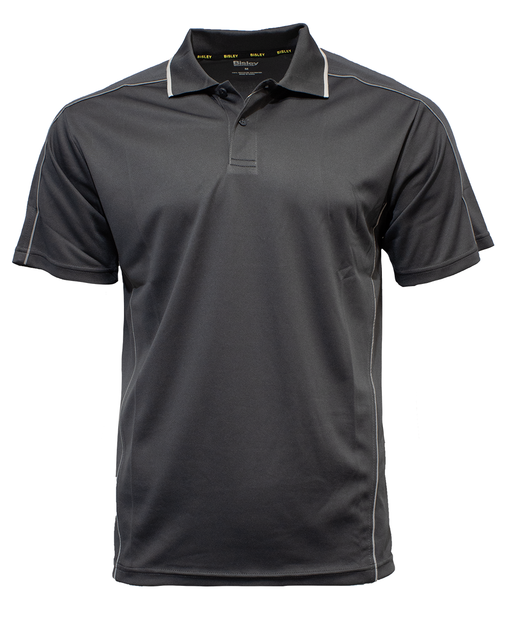 The Bisley Cool Mesh Polo is a black, short-sleeve shirt with a collar, made from breathable Polyester Mesh. It features subtle white stitching, reflective piping on the shoulders and sides, and a neatly folded collar with three buttons on the placket for added elegance.