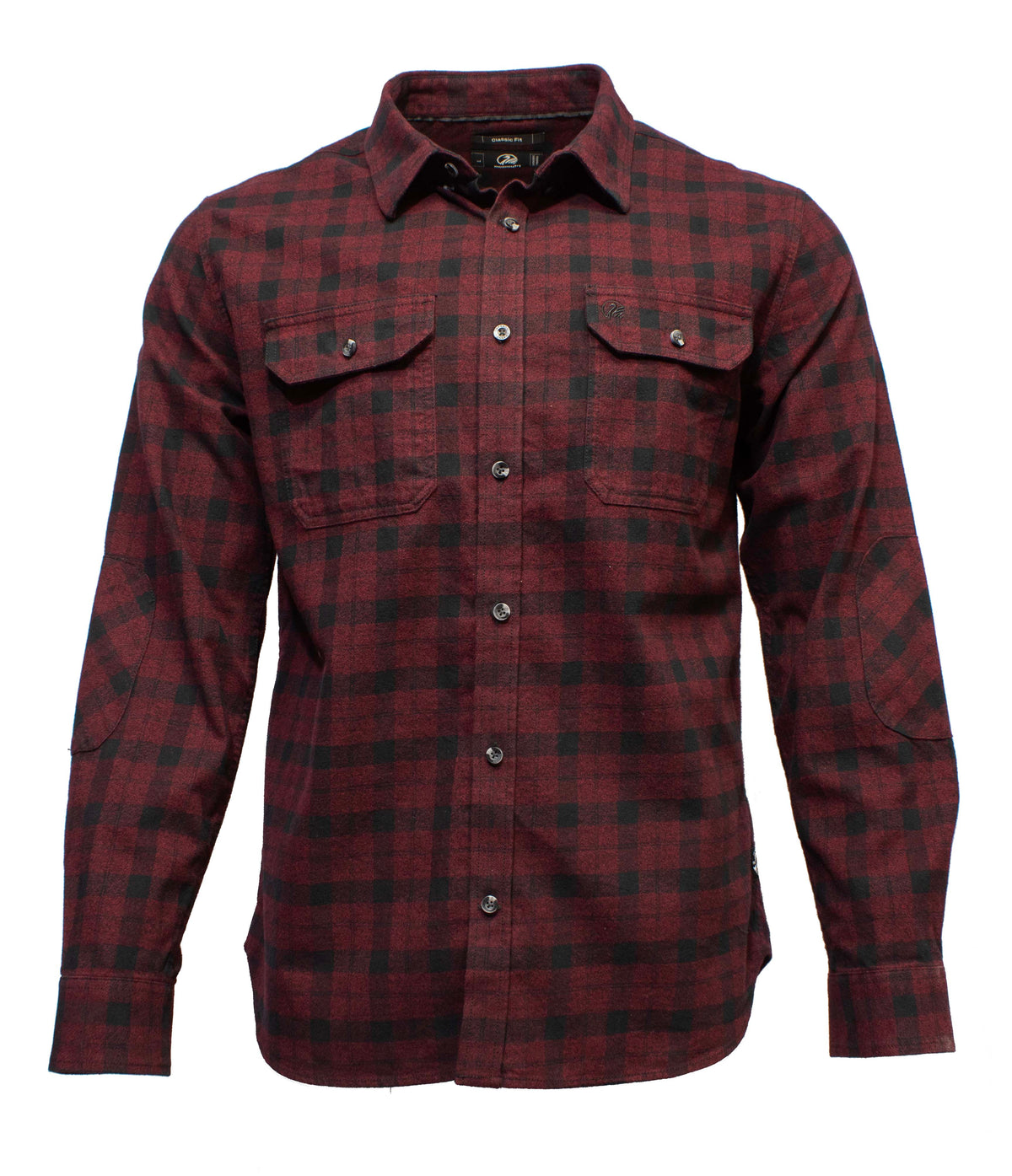 The Swanndri Port Road Shirt is a long-sleeve, button-up made from heavy weight cotton twill with a red and black plaid pattern, elbow patches, and two chest pockets with button flaps, shown on a white background.