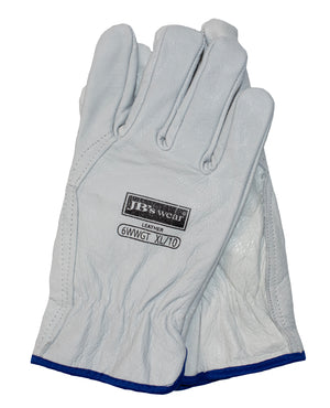A pair of white leather work gloves labeled "JBs Rigger Glove" with the text "LEATHER 6WWGT XL/10" on one of them. The gloves, positioned with one on top of the other, feature blue trim along the bottom edges and a Thinsulate lined inner for added warmth. They are EN 420+A1:2009 certified for safety compliance.