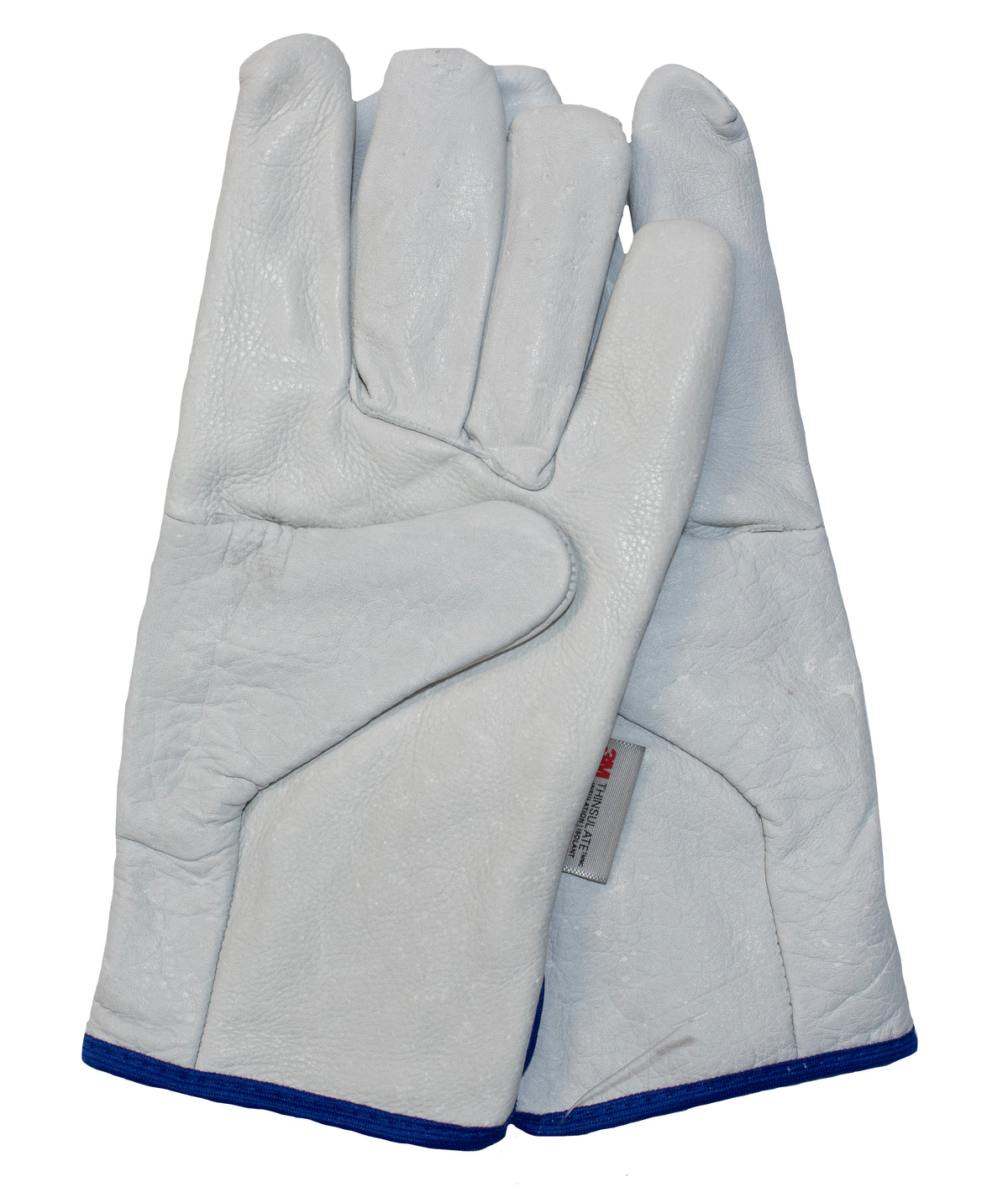 A pair of JBs Rigger gloves, featuring white leather with blue trim and Thinsulate lining for added warmth, is shown. The gloves are placed one on top of the other with a tag visible on the inner side of the top glove. These EN 420+A1:2009 certified gloves ensure both comfort and compliance.