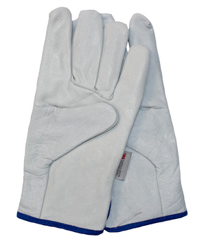 A pair of JBs Rigger gloves, featuring white leather with blue trim and Thinsulate lining for added warmth, is shown. The gloves are placed one on top of the other with a tag visible on the inner side of the top glove. These EN 420+A1:2009 certified gloves ensure both comfort and compliance.
