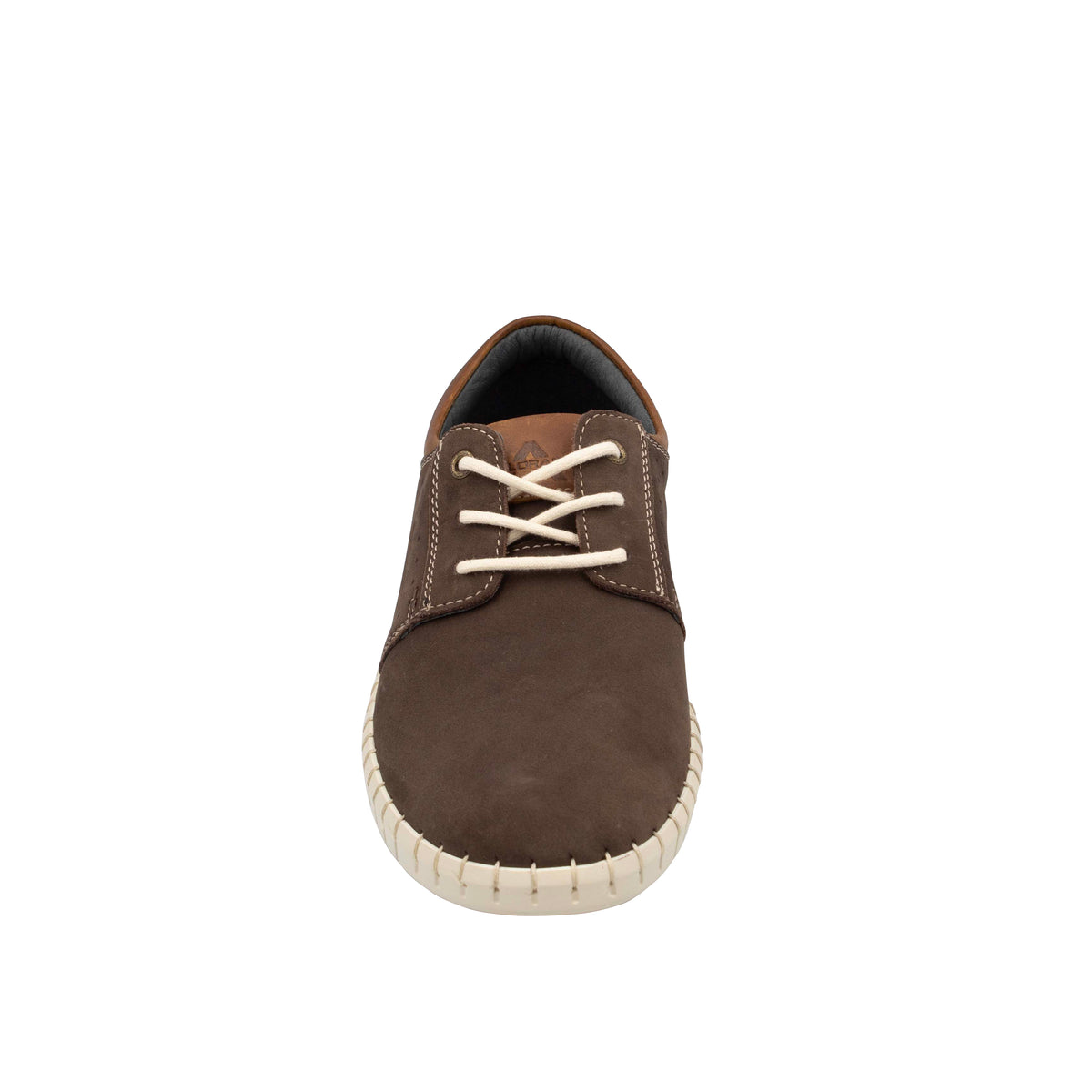 The Colorado Texan Shoe is brown nubuck leather with beige laces, a white textured sole, and is displayed front-facing on a white background.