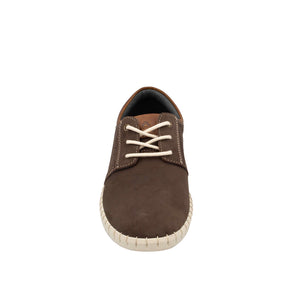 The Colorado Texan Shoe is brown nubuck leather with beige laces, a white textured sole, and is displayed front-facing on a white background.