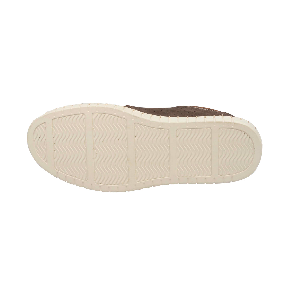 The image shows the Colorado Texan Shoe’s bottom view, highlighting its light sole with wavy tread and rectangular grips. The upper is dark brown, crafted from high-quality nubuck leather.