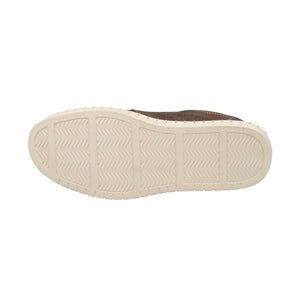 The image shows the Colorado Texan Shoe’s bottom view, highlighting its light sole with wavy tread and rectangular grips. The upper is dark brown, crafted from high-quality nubuck leather.