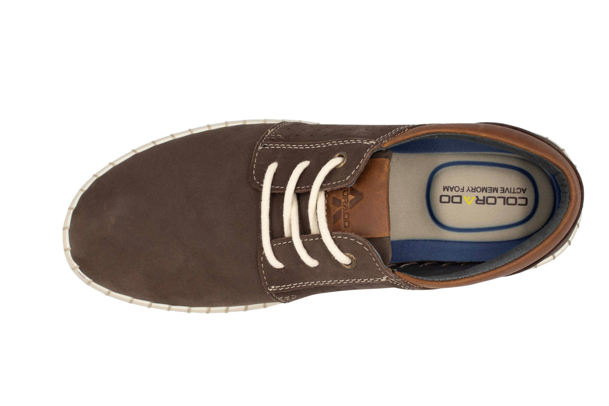 Top view of the Colorado Texan Shoe in brown nubuck leather with white laces, a white sole, and a blue and tan insole labeled "COLORADO ACTIVE MEMORY FOAM," featuring a supportive memory foam footbed.