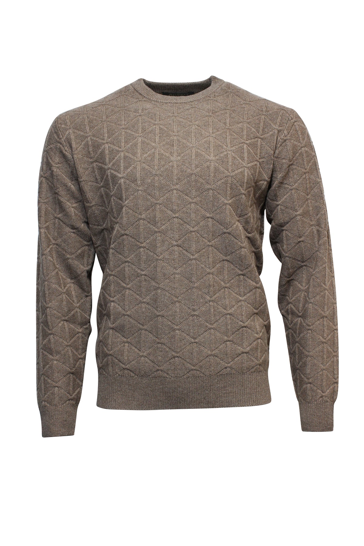 The Ansett Gold Luxury Wool Cashmere Textured Crew Knit is a brown long-sleeve sweater featuring a geometric diamond knit pattern, ribbed cuffs, and a crew neckline, shown on a plain white background.