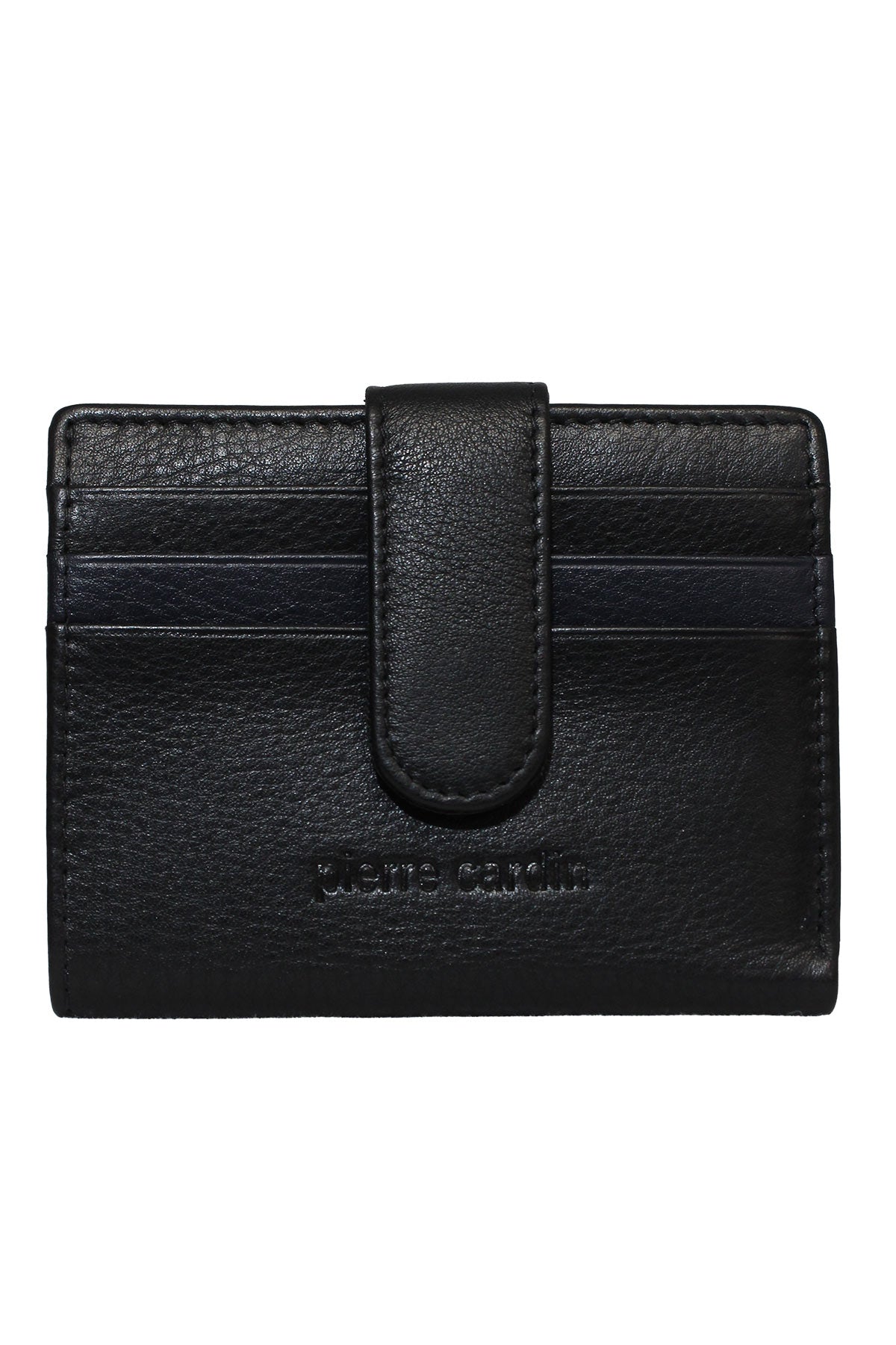 The Pierre Cardin Wallet is a black genuine leather wallet with a snap closure, multiple front card slots, and an embossed logo near the bottom.
