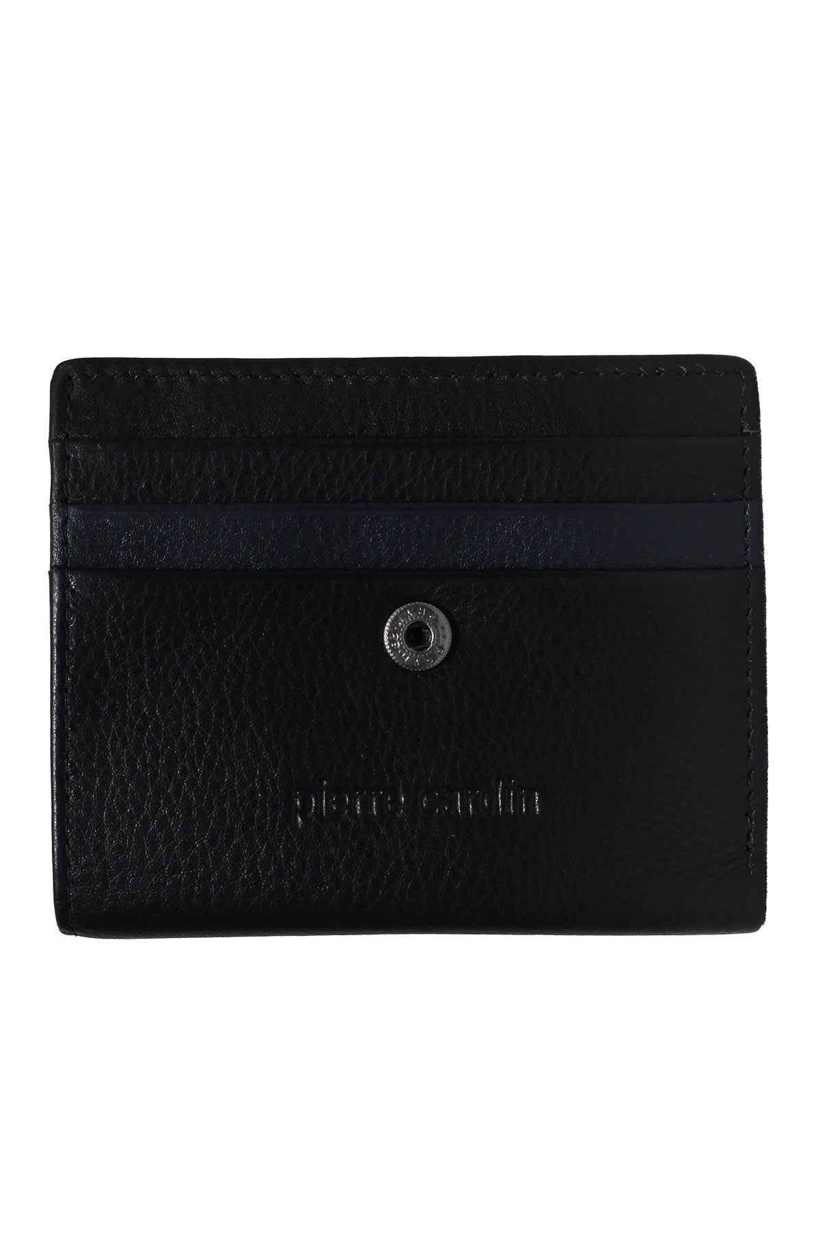 The Pierre Cardin Wallet in black boasts genuine leather, a subtle embossed logo, two card slots, and a front snap button.
