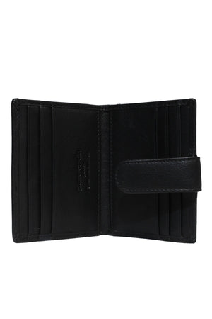The black Pierre Cardin Wallet is open, displaying multiple card slots on both sides, a snap closure strap on the right, and a smooth, genuine leather interior with neat stitching.