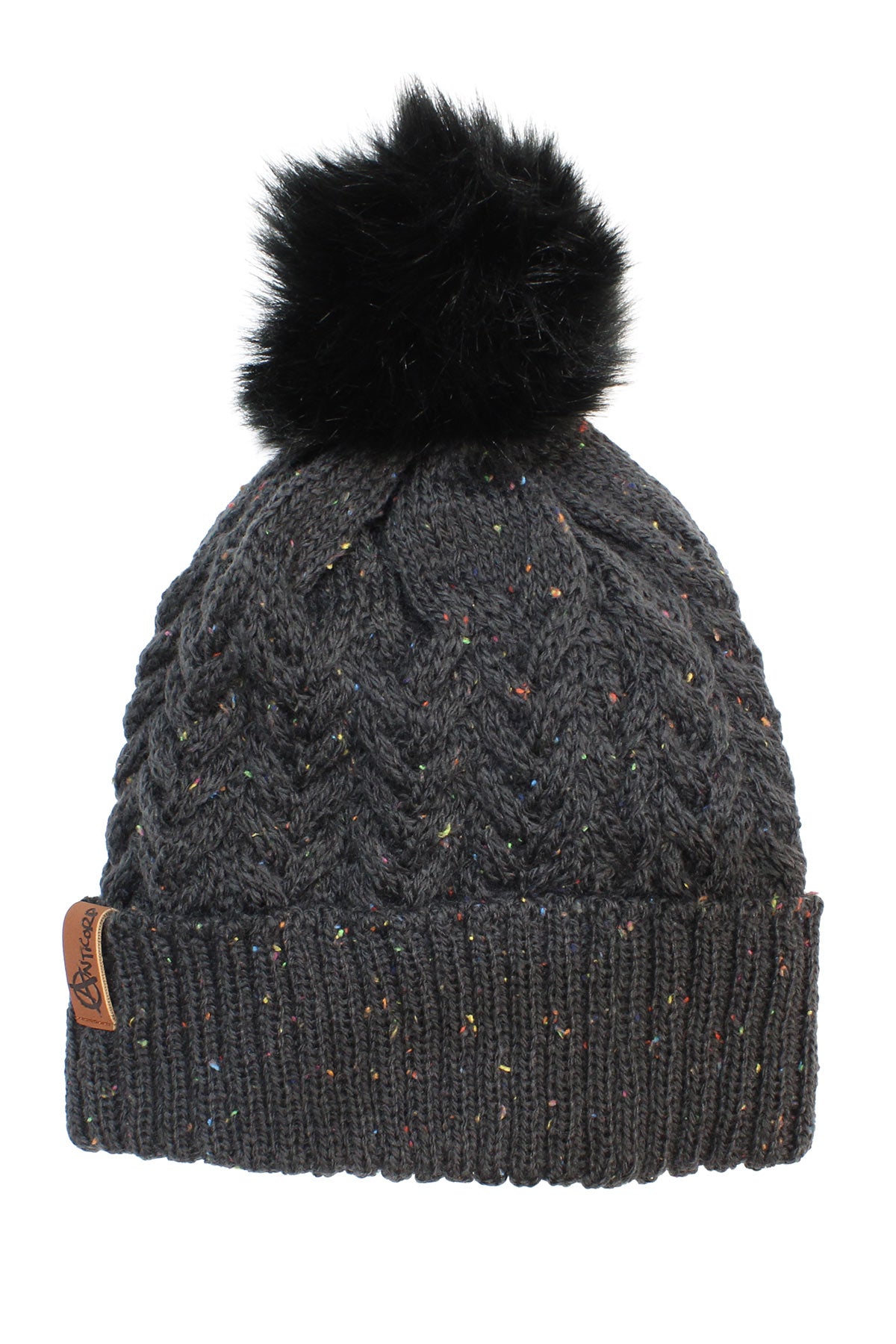 The Anticorp Ladies Plaid Beanie is dark gray with a ribbed cuff, subtle colored specks, a large black faux fur pom-pom, and features a small brown leather tag on the cuff.