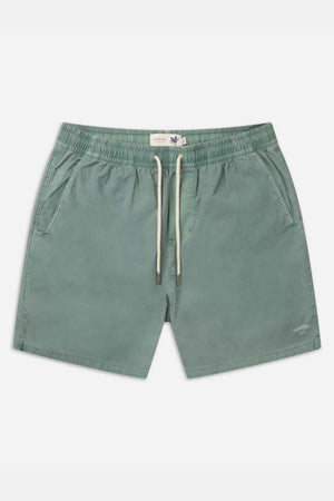 A pair of olive green Industrie The Bahama Angler shorts with a drawstring and elastic waistband. Perfect for a beach day, these swimming shorts feature two side pockets and a small logo near the bottom hem on the left leg.